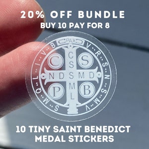 Bundle 20% off | x 10 CLEAR stickers| Saint Benedict | Tiny Stickers (Buy 10, pay for 8) | 1 inch/25mm | Catholic Sticker | St. Benedict