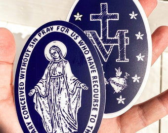 Bumperstickers wonderbaarlijke medaille: Franse katholieke stijl, marineblauw en wit