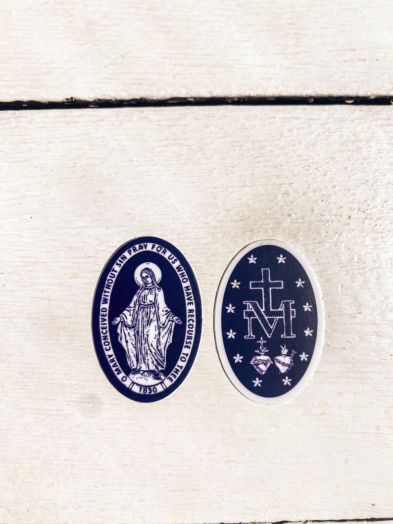 TINY sized, Miraculous Medal Stickers BACK of medal Navy and White 1 X 1.5, Catholic Stickers-sticker gift-Our Lady, Mary sticker image 10