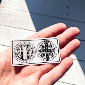 Heilige Benedikt Medaille, BEIDEN SEITEN | Katholische Aufkleber | St. Benedikt Medaille | Schwarzes Bild | Katholisches Bling|Geschenk|Doppelseitig|Vorder- und Rückseite