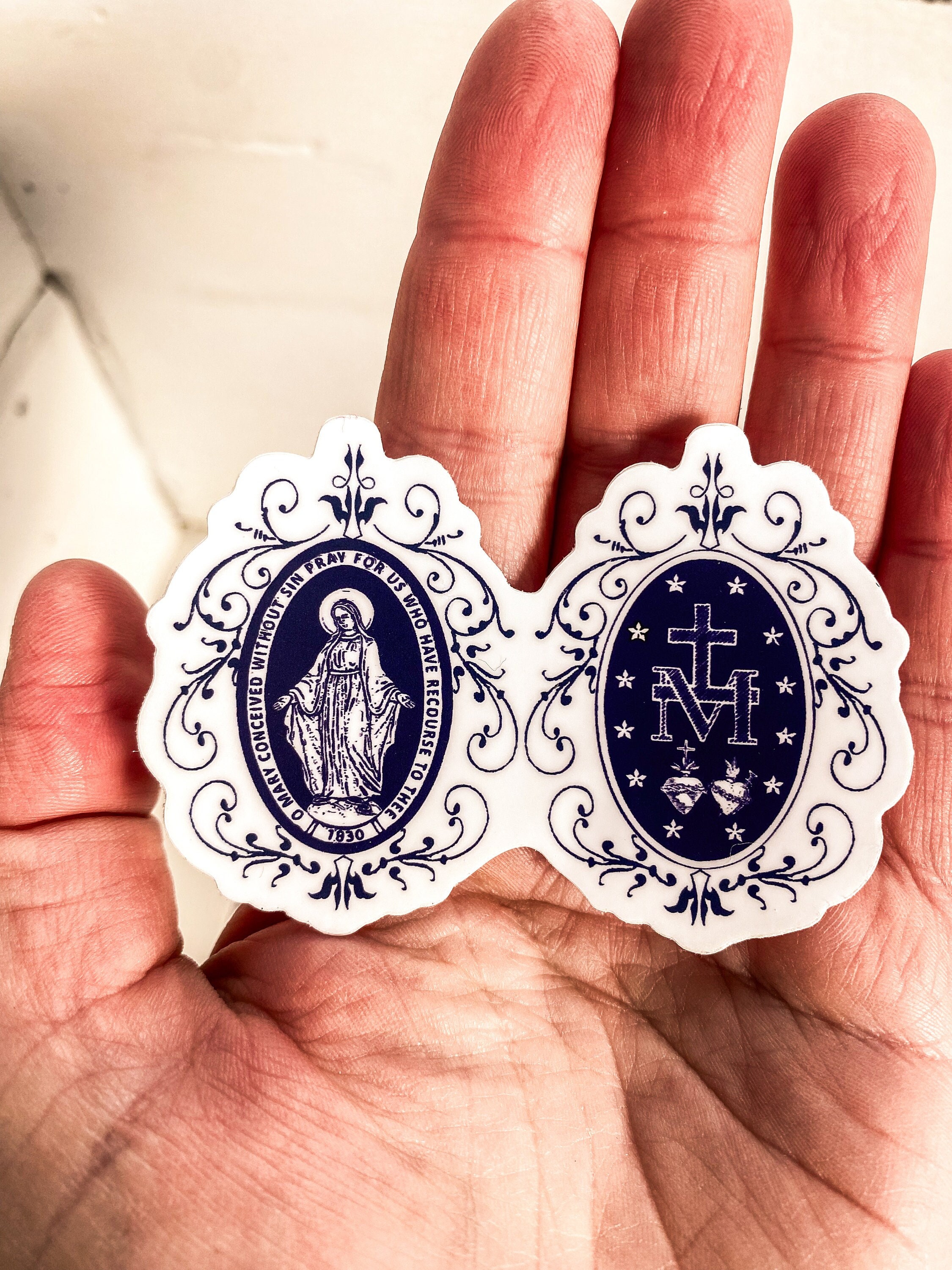 Miraculous Medal - Both Sides of the medal -Vintage French navy and white image in ornate frame | Catholic sticker gift