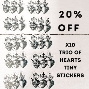 20 % rabatt på små hjärtklistermärken med trio | 10 klistermärken | heligt hjärta, obefläckat hjärta | Sankt Josef | Tre heliga hjärtan | JMJ