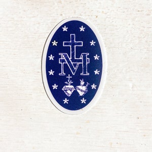 TINY sized, Miraculous Medal Stickers BACK of medal Navy and White 1 X 1.5, Catholic Stickers-sticker gift-Our Lady, Mary sticker image 5