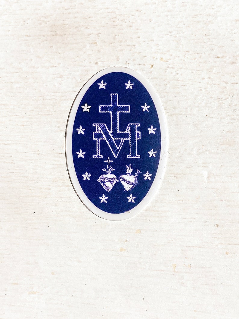 TINY sized, Miraculous Medal Stickers BACK of medal Navy and White 1 X 1.5, Catholic Stickers-sticker gift-Our Lady, Mary sticker image 5