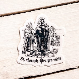 Św. Józef i Dzieciątko Jezus | Naklejka katolicka | Styl vintage/antyczny | Czarno-biały | „Św. Józefie, Ora pro nobis.” | „Módl się za nami.”