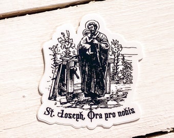 St. Joseph and baby Jesus | Catholic sticker | Vintage/Antique style | Black and White | &quot;St. Joseph, Ora pro nobis.&quot; | &quot;Pray for us.&quot;
