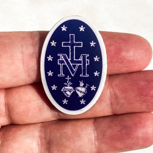 TINY sized, Miraculous Medal Stickers BACK of medal Navy and White 1 X 1.5, Catholic Stickers-sticker gift-Our Lady, Mary sticker image 4