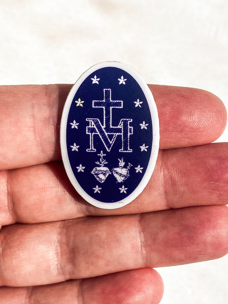 TINY sized, Miraculous Medal Stickers BACK of medal Navy and White 1 X 1.5, Catholic Stickers-sticker gift-Our Lady, Mary sticker image 4