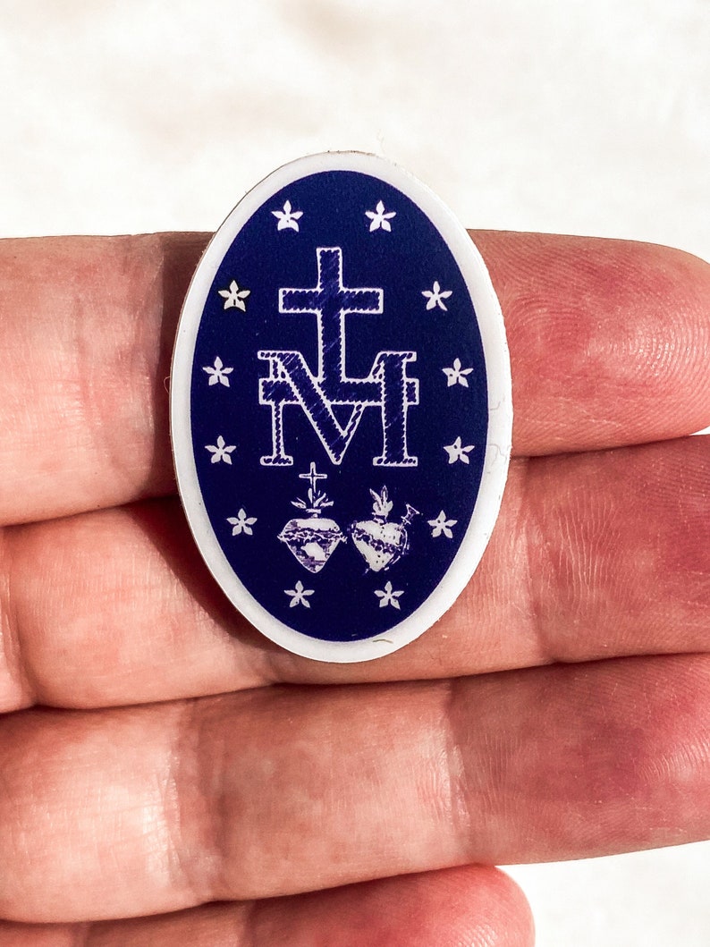 TINY sized, Miraculous Medal Stickers BACK of medal Navy and White 1 X 1.5, Catholic Stickers-sticker gift-Our Lady, Mary sticker image 1