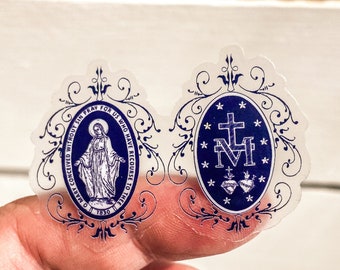 Miraculous Medal CLEAR sticker- Bith Sides of the medal -Vintage French navy and white image in ornate frame | Catholic sticker gift
