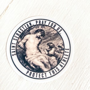 2 inch Saint Sebastian sticker-"Pray for us." + " Protect this athlete."-For a Catholic athlete-Patron Saint of athletes |4 sport equipment