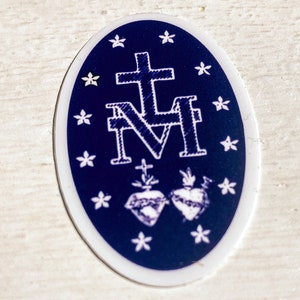 TINY sized, Miraculous Medal Stickers BACK of medal Navy and White 1 X 1.5, Catholic Stickers-sticker gift-Our Lady, Mary sticker image 6