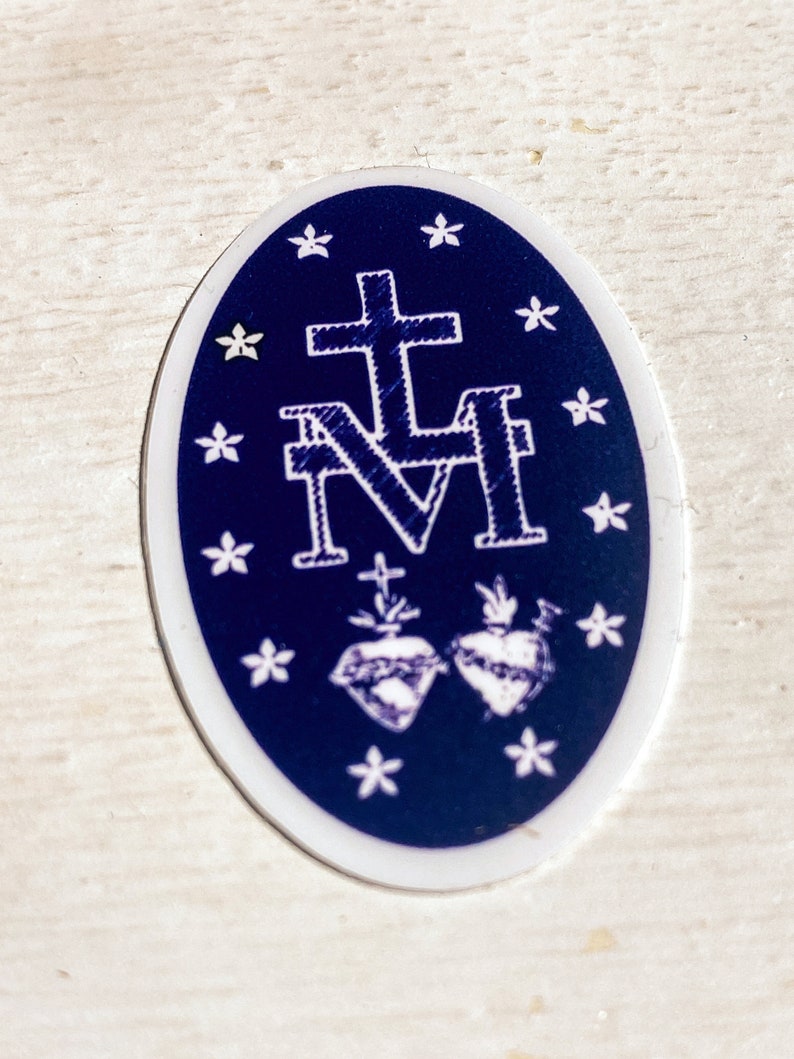 TINY sized, Miraculous Medal Stickers BACK of medal Navy and White 1 X 1.5, Catholic Stickers-sticker gift-Our Lady, Mary sticker image 6