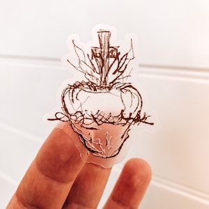 MINI CLEAR and brown | Sacred Heart Catholic sticker | original sketch | hand drawn | Gift | Jesus | crown of thorns | Lent | Cross