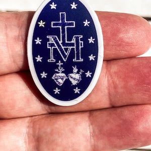 TINY sized, Miraculous Medal Stickers BACK of medal Navy and White 1 X 1.5, Catholic Stickers-sticker gift-Our Lady, Mary sticker image 8