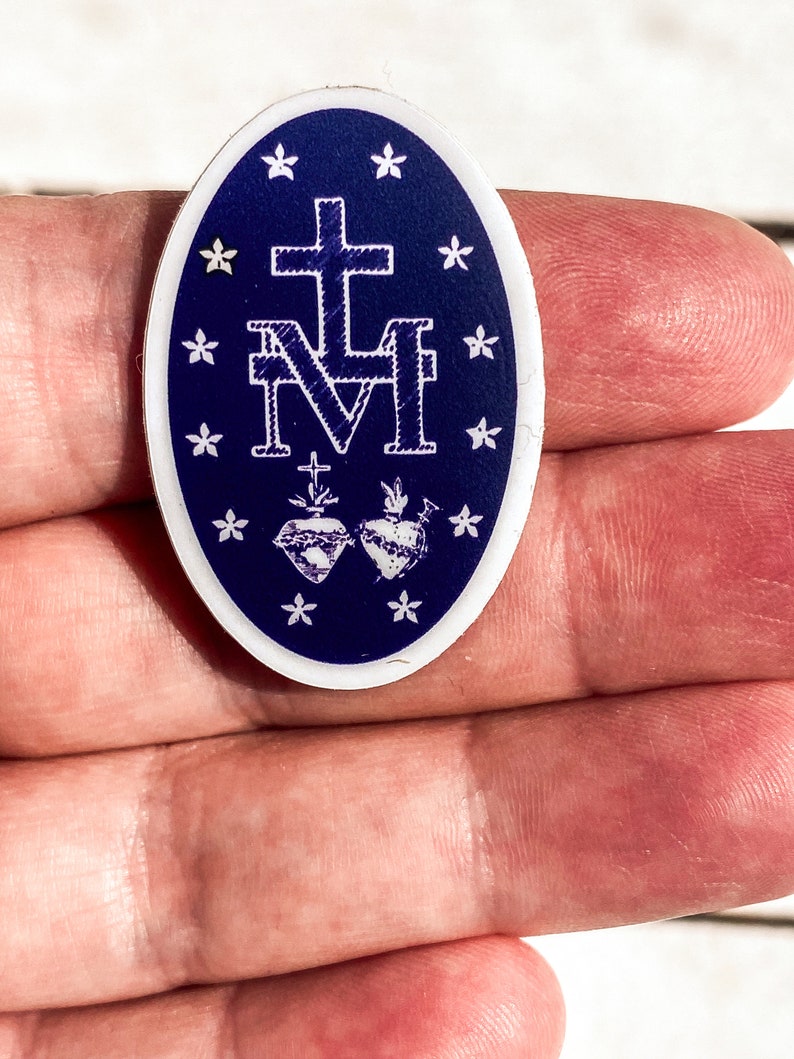 TINY sized, Miraculous Medal Stickers BACK of medal Navy and White 1 X 1.5, Catholic Stickers-sticker gift-Our Lady, Mary sticker image 8