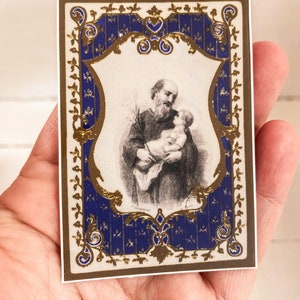 Schönes Bild des Heiligen Josef mit Jesuskind Aufkleber | Retuschiertes Vintage / Antikes Bild | Gold/weiß und königsblau | Rechteck |