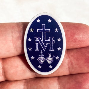 TINY sized, Miraculous Medal Stickers BACK of medal Navy and White 1 X 1.5, Catholic Stickers-sticker gift-Our Lady, Mary sticker image 7