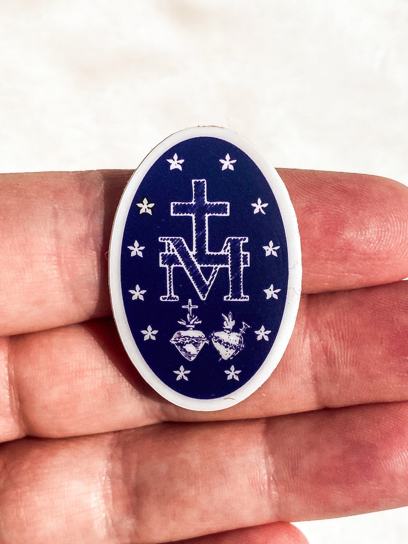 TINY sized, Miraculous Medal Stickers BACK of medal Navy and White 1 X 1.5, Catholic Stickers-sticker gift-Our Lady, Mary sticker image 7