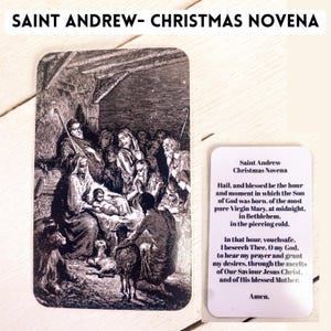 Gebetskarte | Heilige Karte | St. Andreas Novene | Advent | Weihnachten | Katholische Gebete | Devotionalie | Tradition | Weihnachtskrippe auf Vorderseite