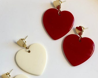 Boucles d’oreilles « Amore » pendentif coeur vintage rouge - écru