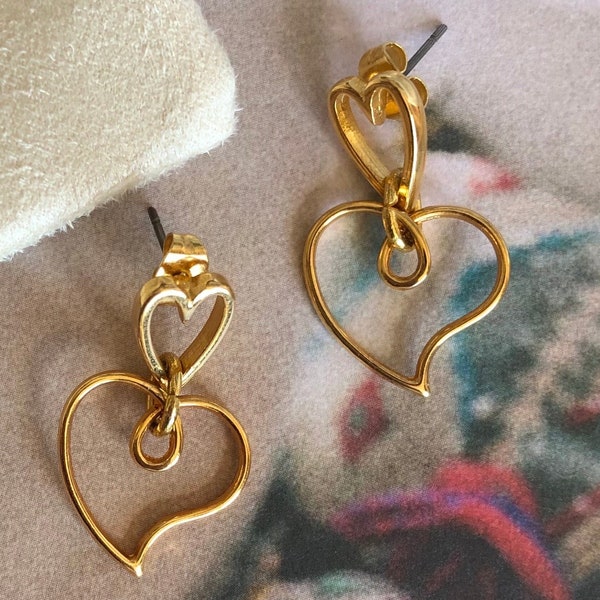 Boucles d’oreilles pendantes « Amélie » - petits cœurs doré Or fin 24 K