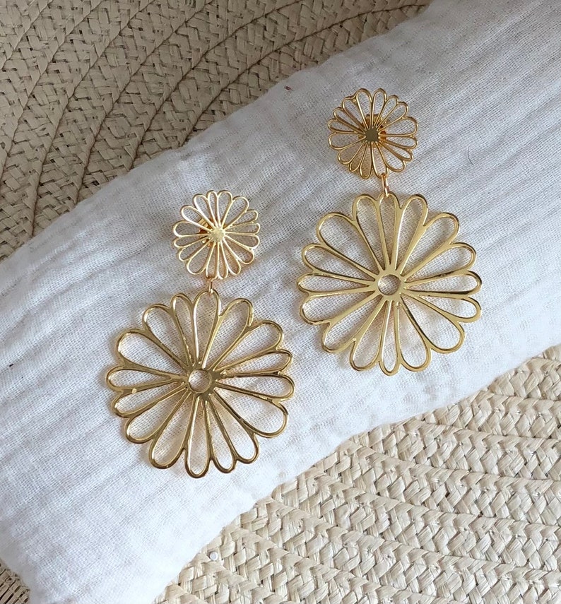 NEW doré à l'or fin 24K Boucles doreilles fleurs évidées Mary image 1