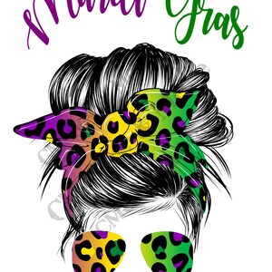 Mardi Gras Messy Hair Bun with glasses, PNG