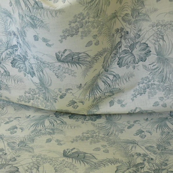 par yard Scalamandre Tropical Toile Butterfly Insects Linen Print GUSTAVIAN Blue on Ivory MSRP 215/Y