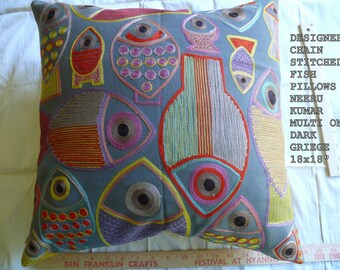 Designer Chain Stitched Fish Pillows Neeru Kumar Multi on Dark Greige 18x18"
