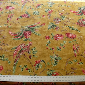 By Yard Scalamandre Dunraven Bird Of Paradise Hand Print Union Cloth Gold Mustard Pink Red Green MSRP USD 442/Y