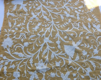 By Yd Old World Weavers Scalamandre Balik Gold Wool Crewel On Jute White on Golden Yellow Hand Made MSRP USD 304/Y