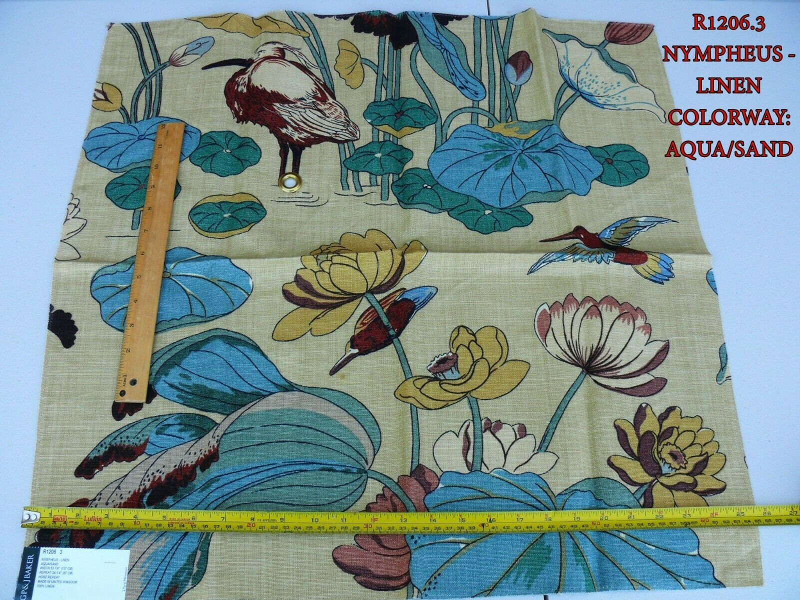 2 Yards Gp & J Baker Nympheus Linen Lotus Heron Bird Print