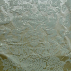 By Yard Scalamandre Nashville Celadon Green Beige  100% Silk Damask Chinoiserie Peony Flower Basket Circa 1830