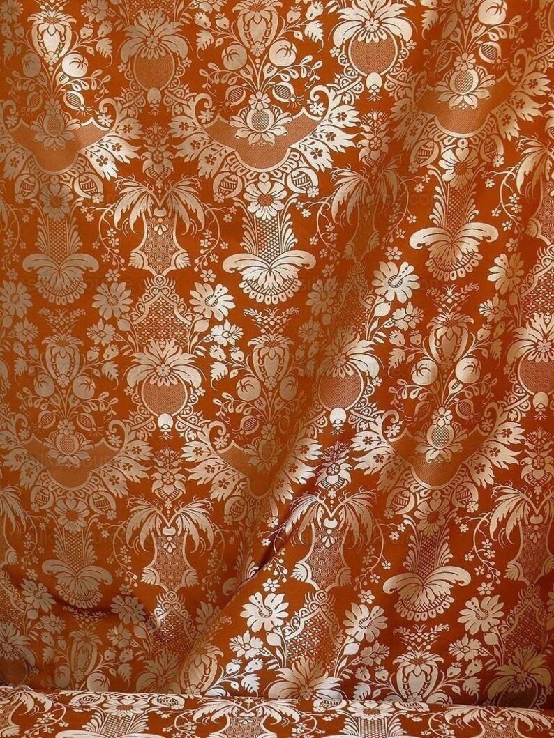 cortado a medida Scalamandre "chippendale" Seda Lampas Jacquard Alcachofa Granada Teca Óxido Naranja Crema Plata Blanco Precio de venta sugerido USD 500+/A imagen 9