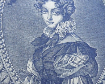 May include: A blue and white engraving of a woman with curly hair wearing a lace collar and a dark jacket.