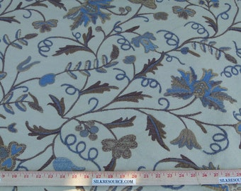 May include: A light blue fabric with a repeating pattern of brown and blue floral designs. The fabric is measured with a ruler in inches.