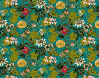 By Yard LEE JOFA KRAVET Passiflora Kingfisher Botanical Wildflowers Foliage Velvet Fabric Cyan Blue Multi - 2yds Minimum Order