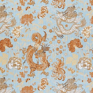 Scalamandre Dragon Tableau, Copper Sky Lampas Chinoserie Blue - by the yard