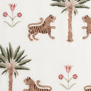 May include: A white background with a repeating pattern of brown tigers, palm trees, and pink flowers. The tigers are facing different directions and have black stripes. The palm trees have green fronds and brown trunks. The flowers have pink petals and green stems.