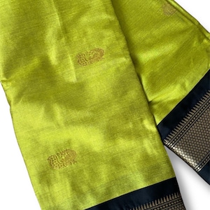 Lime Green Cotton Silk Saree: Black Zari Border, Indian Wedding Wear