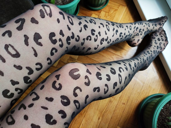 Leopard Printed Tights for Women. Black Sexy Sheer Lolita Pantyhose Hosiery  Tights. Transparent Lingerie. 