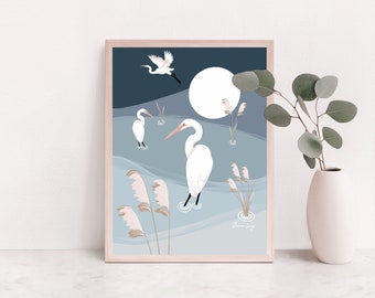 White Herons at midnight gouache painting giclee art print ~ animal art, wall art, home decor, spirit animal art, modern art gift,