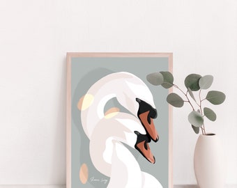 Elegant white Swans gouache painting giclee art print ~ animal art, wall art, home decor, spirit animal art, modern art gift, cottage core,