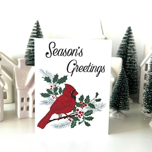 Cartão de Natal Cardinal Holly Seasons Greetings - cartão de Natal de linho, em branco por dentro, cartão de Natal, cartão pintado, cartão de Natal de pássaro