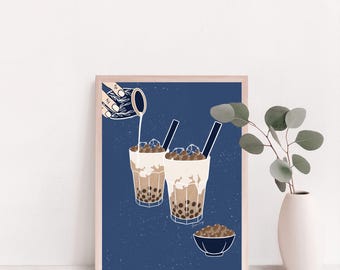Impresión artística giclée de té helado de burbujas de Taiwán ~ arte del té, arte de cocina, hora del té, decoración del hogar, inauguración de la casa, decoración cultural, arte de pared de cocina,