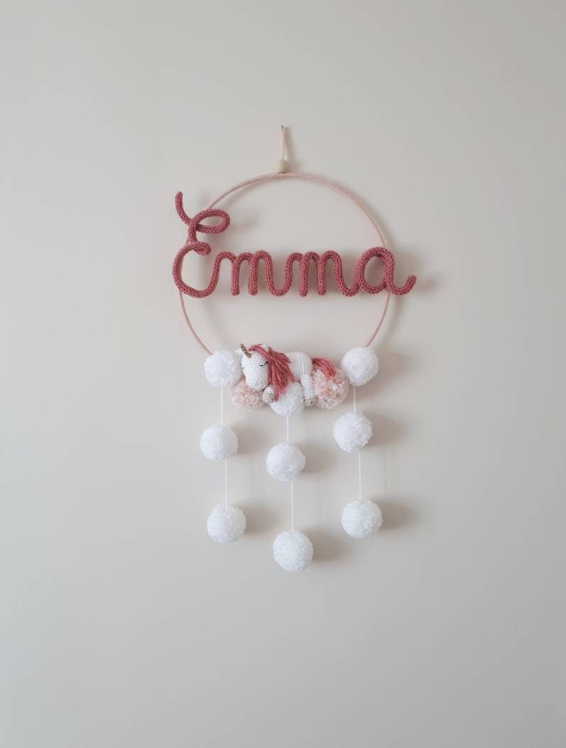 Attrape Rêves Prénom Tricotin Licorne et Pompons/Suspension Dreamcatcher Déco Chambre Bébé Fille