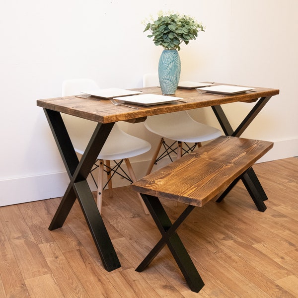 Dining Table | Rustic Wooden Table with X-Frame Box Steel Legs | Farmhouse Dining Table | Handmade Industrial Style Wooden Dining table