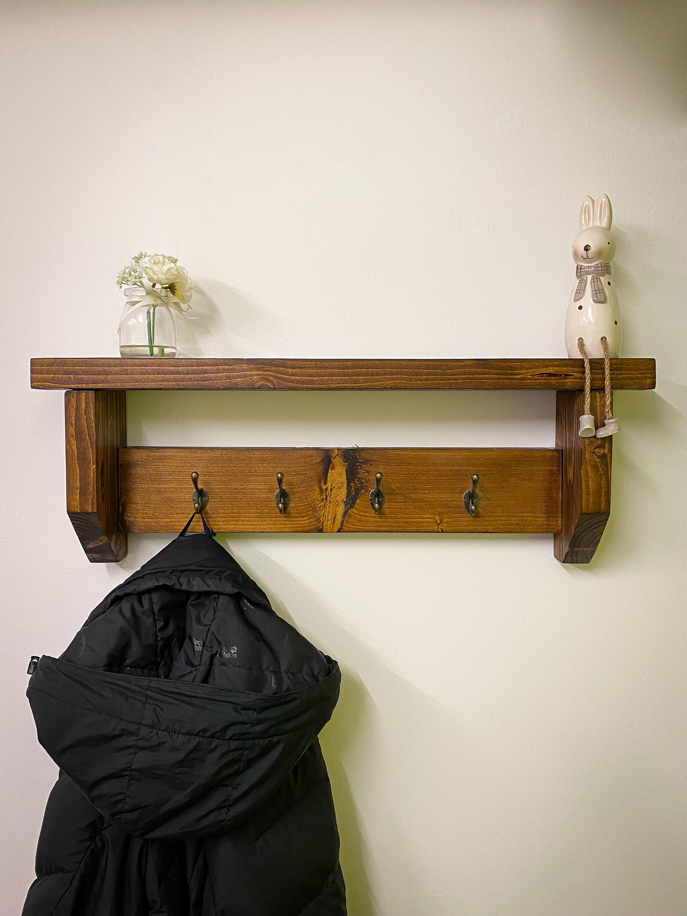 Handmade Rustic Wooden Coat Rack With Shelf Wooden Coat Etsy