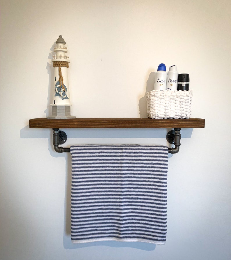 Industrial Bathroom Towel Rail With Wooden Shelf Bathroom Etsy UK